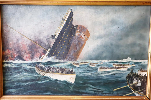 Early 20th Century Naïve Finnish Swedish Folk Art Oil On Canvas Titanic Painting - Source Vintage