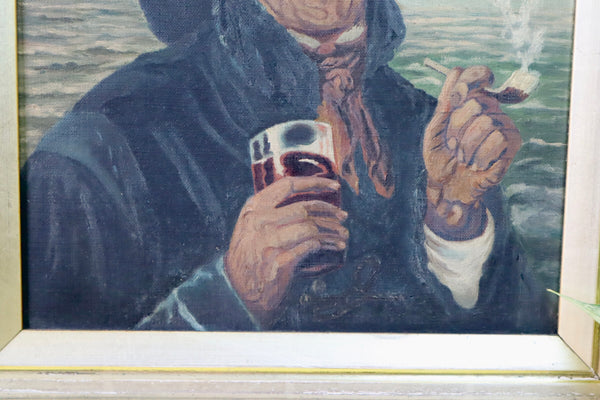 Antique Folk Art Oil On Canvas Portrait Painting Fisherman Signed + Dated 1897 - Source Vintage