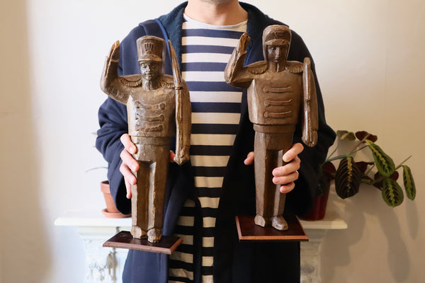 Pair 19th Century Carved Folk Art Saluting Soldiers On Modern Stands - Source Vintage