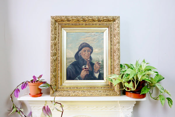 Antique Folk Art Oil On Canvas Portrait Painting Fisherman Signed + Dated 1897 - Source Vintage