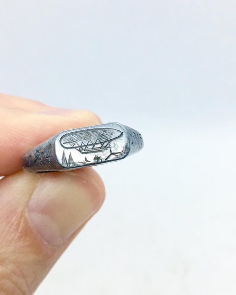 Rare Antique WW1 Zeppelin Debris Engraved Ring - Source Vintage