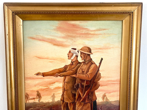 WW1 Folk Art Painting Oil On Board Framed And Signed C.J. Cook - Source Vintage