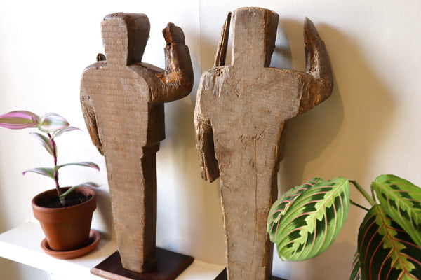Pair 19th Century Carved Folk Art Saluting Soldiers On Modern Stands - Source Vintage