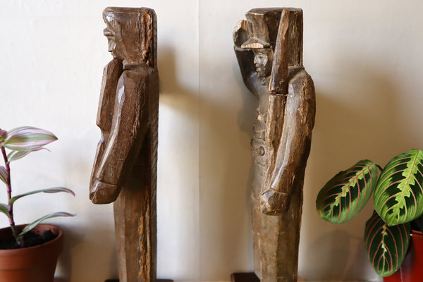 Pair 19th Century Carved Folk Art Saluting Soldiers On Modern Stands - Source Vintage