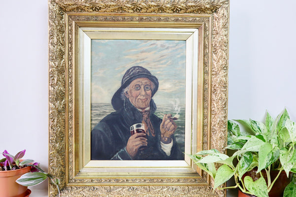 Antique Folk Art Oil On Canvas Portrait Painting Fisherman Signed + Dated 1897 - Source Vintage