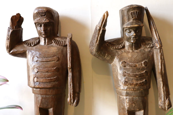 Pair 19th Century Carved Folk Art Saluting Soldiers On Modern Stands - Source Vintage