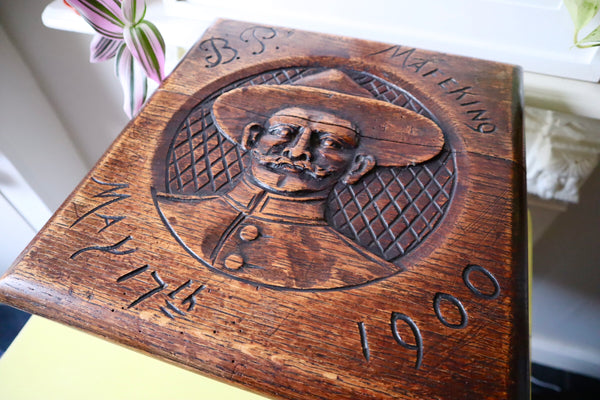 Rare Antique Carved Boer War Mafeking Robert Baden-Powell Stool - Source Vintage