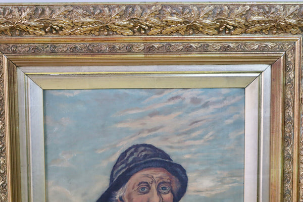 Antique Folk Art Oil On Canvas Portrait Painting Fisherman Signed + Dated 1897 - Source Vintage