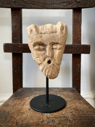 Unusual Creepy Stone Figural Head Sculpture Of The Devil On A Stand