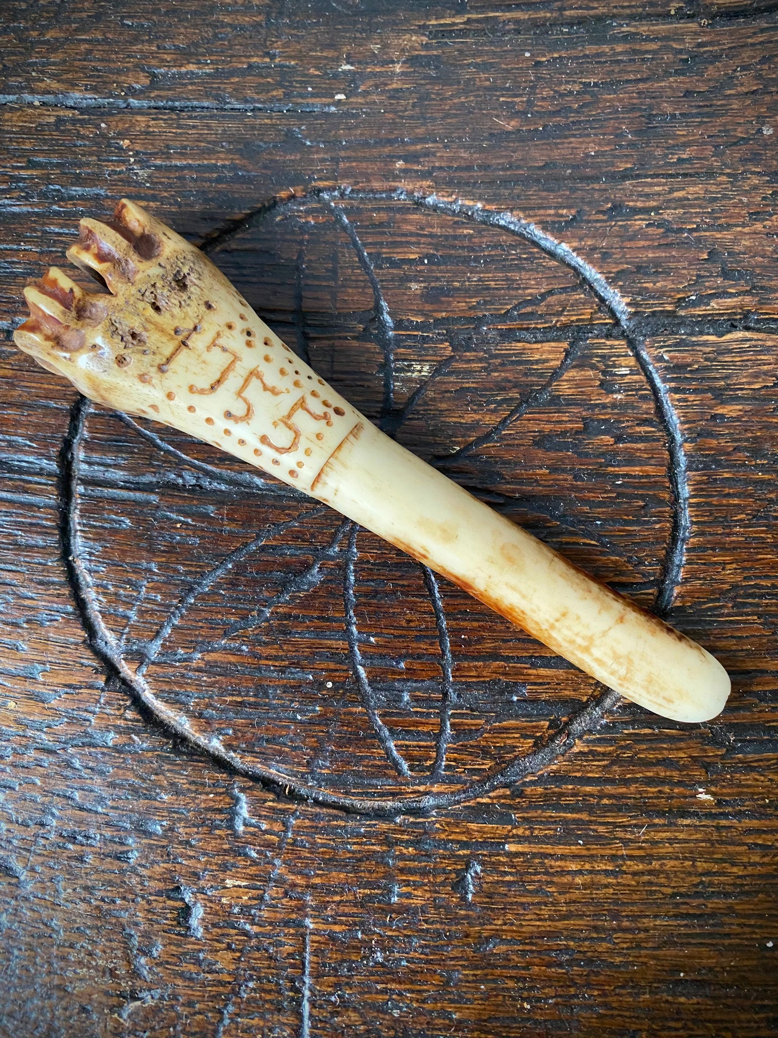Antique 18th Century Initialled & Dated 1755 Folk Art Bone Apple Corer