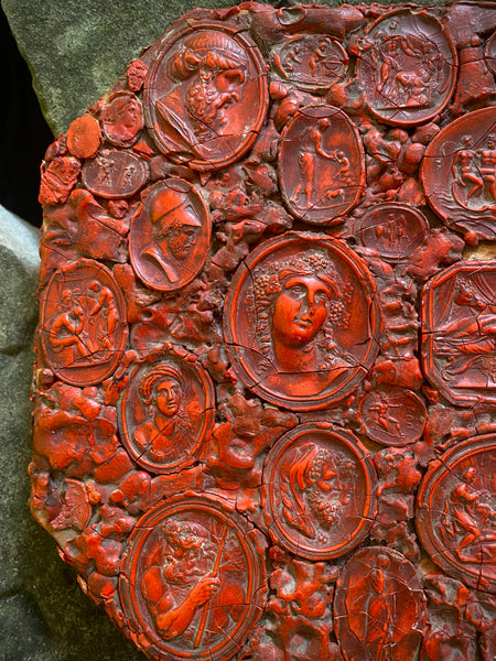Rare Antique Early 19th Century Gem Collector’s Box Lid, Covered With Red Wax Impressions Depicting Classical Figures & Scenes