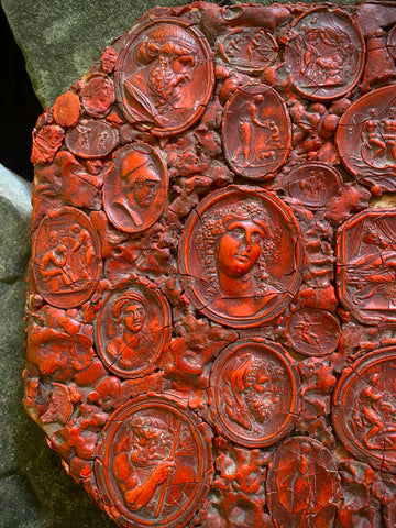 Rare Antique Early 19th Century Gem Collector’s Box Lid, Covered With Red Wax Impressions Depicting Classical Figures & Scenes