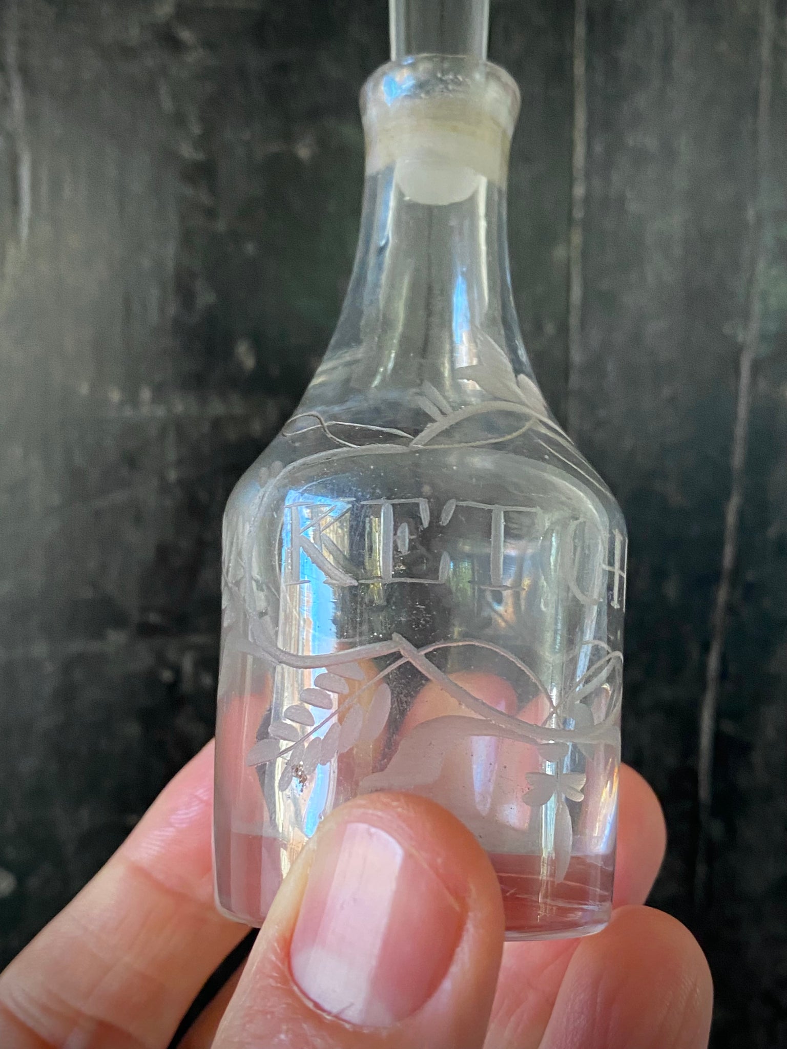 Antique Late 19th-Early 20th Century Miniature Engraved Glass Ketchup Bottle