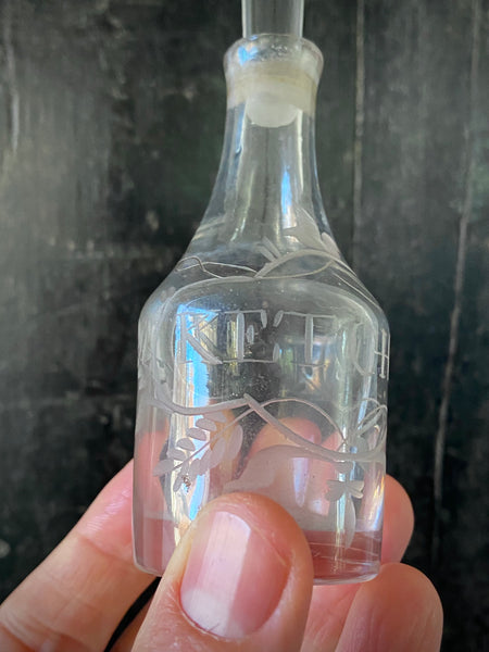 Antique Late 19th-Early 20th Century Miniature Engraved Glass Ketchup Bottle
