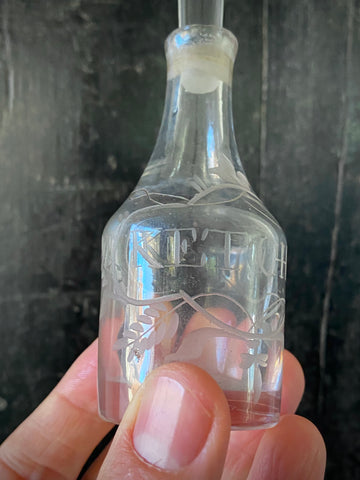 Antique Late 19th-Early 20th Century Miniature Engraved Glass Ketchup Bottle