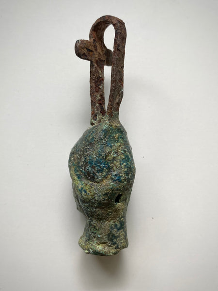 Rare Ancient Roman Bronze Head Of A Religious Figure With An Iron Loop In The Form Of A Cross c.200 AD