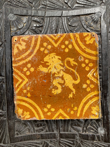 Antique Late 16th Century Glazed Rampant Lion Floor Tile Ex Alison Barker Collection