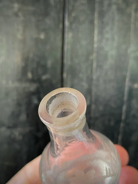 Antique Late 19th-Early 20th Century Miniature Engraved Glass Ketchup Bottle