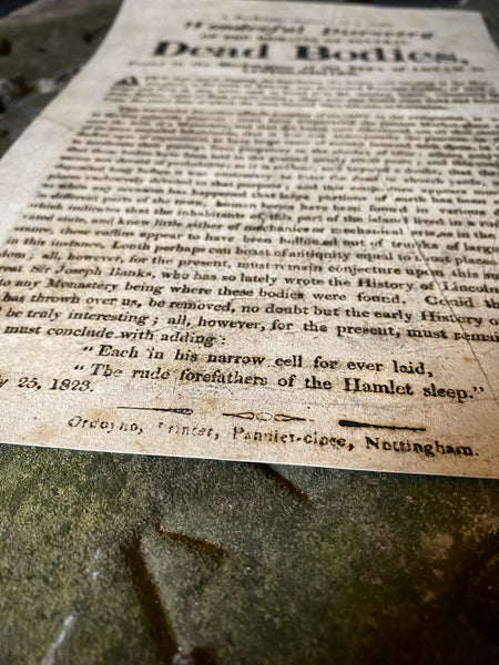 Rare 1823 Broadside – Discovery of Human Remains in Louth Marketplace - Source Vintage