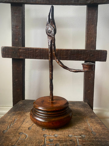 Late 17th - Early 18th Century Wrought Iron Rushlight On 19th Century Replacement Fruitwood Base