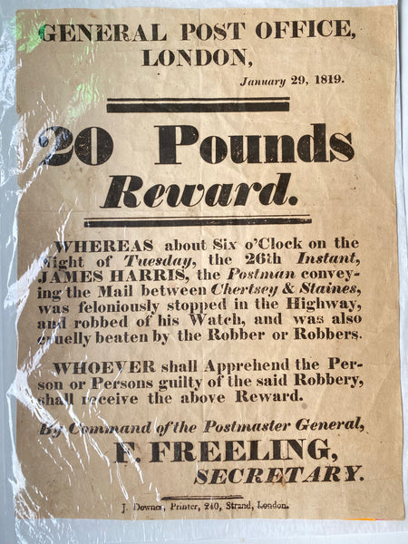 Rare Antique 19th Century Highway Robbery Reward Poster Postman Robbed & Cruelly Beaten
