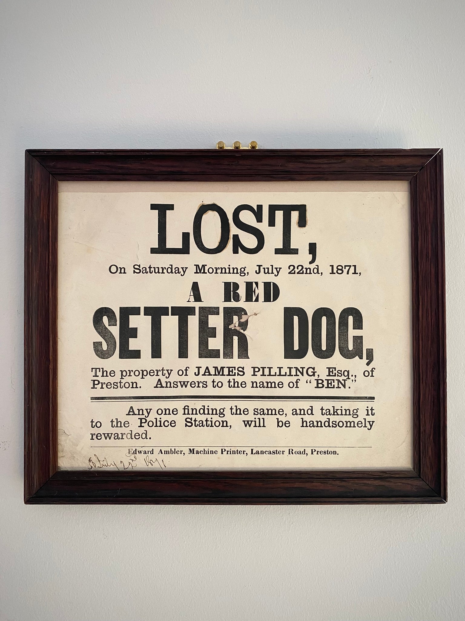 Antique 19th Century Framed Lost Dog Poster For A Dog Called Ben Dated 1871