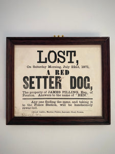 Antique 19th Century Framed Lost Dog Poster For A Dog Called Ben Dated 1871