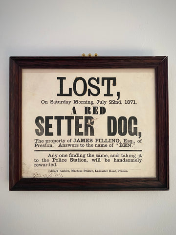 Antique 19th Century Framed Lost Dog Poster For A Dog Called Ben Dated 1871