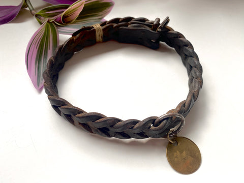 Antique Early 19th Century Braided Leather Dog Collar With Named Tag ‘Laddie’ - Source Vintage