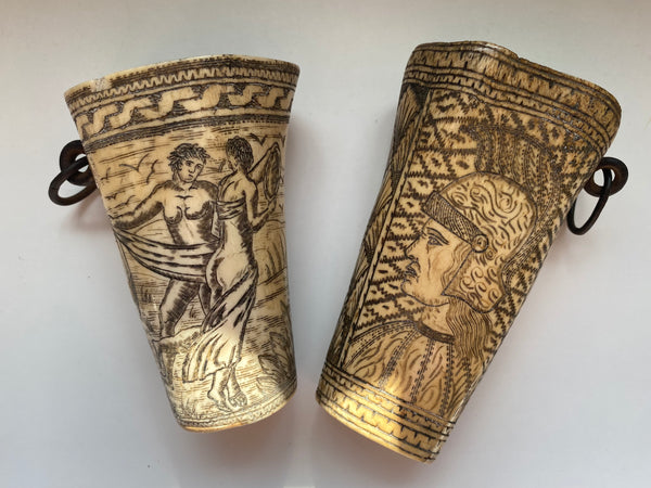 Rare Pair Antique Early 18th Century Folk Art Carved Hunting Cups