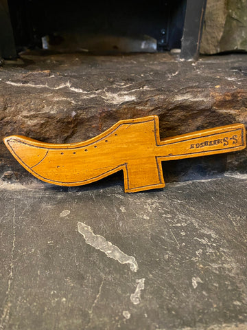 Antique Mid 19th Century Applewood Knitting Sheath With A Engraved Owner’s Name, ‘S. Smithson’, & Naive Image Of A Shoe