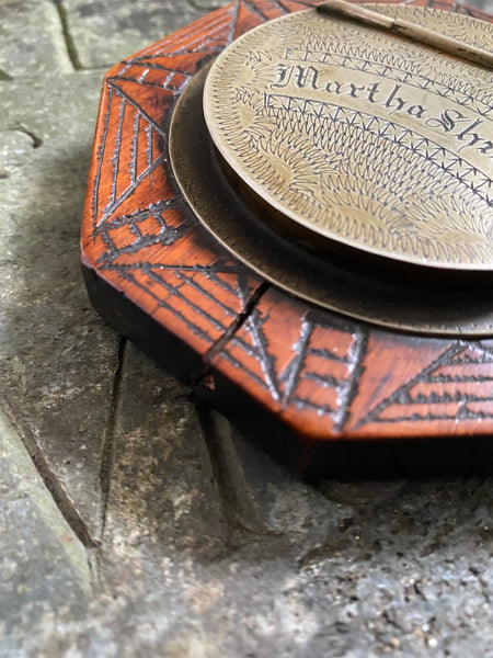 Exceptional Antique Early 19th Century Treen & Brass Folk Art Snuff Box Named ‘Martha Shields’