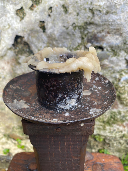 Unusual Antique French 19th Century Rustic Oak & Wrought Iron Candle Holder