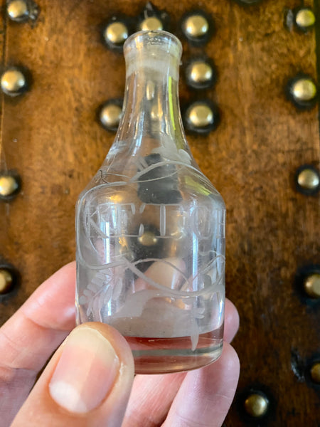 Antique Georgian Miniature Engraved Glass Ketchup Bottle c.1800