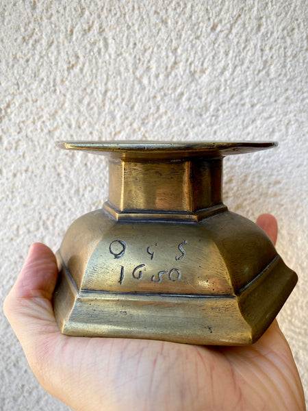 Curious Heavy Base From A 17th Century Brass Candlestick Or Altar Piece Dated 1650 & Initialled