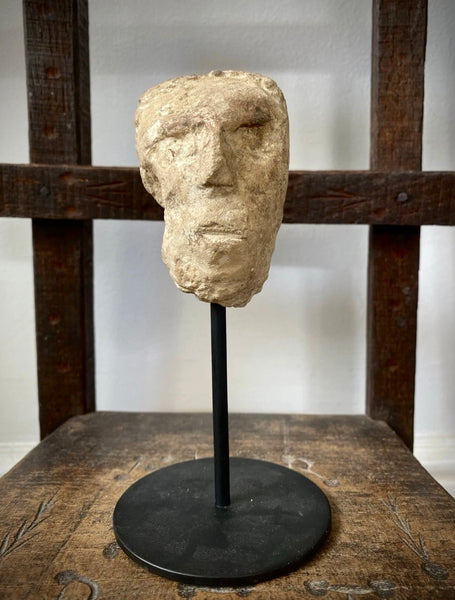 Antique Creepy Small Stone Figural Head Sculpture On Later Stand