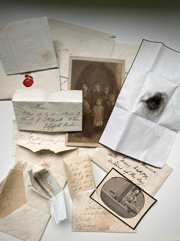 Curious Collection Of 19th Century Ephemera With Mysterious Contents Inc. Hair, Feather Spines, A Fragment Of Lace & A Mourning Card
