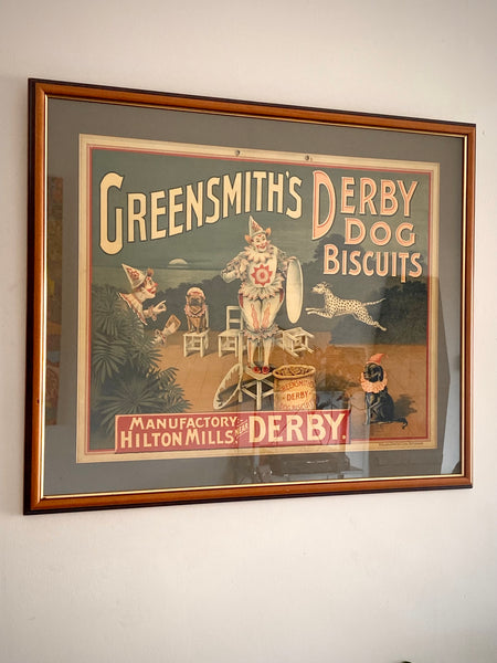 Framed Antique Victorian Greensmith’s Derby Dog Biscuits Advertising Card