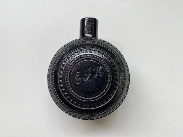 *RESERVED FOR KEVIN* Rare Antique Georgian Black Glass Bottle In The Form Of A Lawn Bowls Ball Initialled & Dated 1820