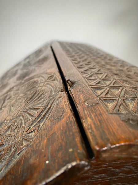 Antique 17th Century Oak Bible Box Dated 1654, Initialled, Heavily Carved, Cryptic Text & Symbols, Faint Protection Mark To One Side