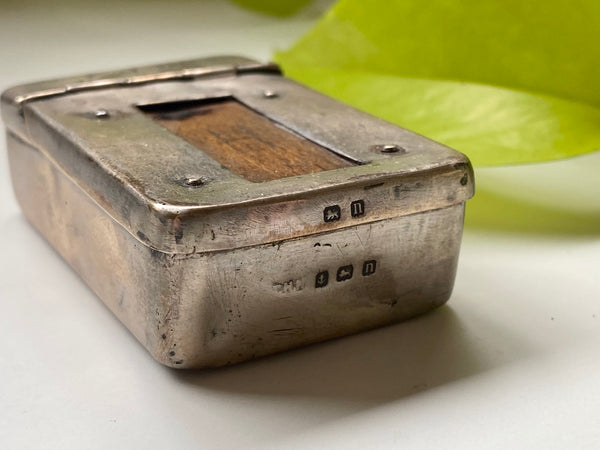 Antique WW1 Make Do Silver Vesta Case With Modified Wood Debris Fragment Inserted By A Soldier As A Memento Of A Bombing They Survived - Source Vintage