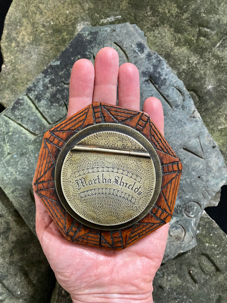 Exceptional Antique Early 19th Century Treen & Brass Folk Art Snuff Box Named ‘Martha Shields’