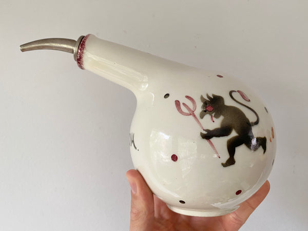 Vintage Early To Mid 20th Century Ceramic Pourer With Hand Painted Poison, Witch & Devil