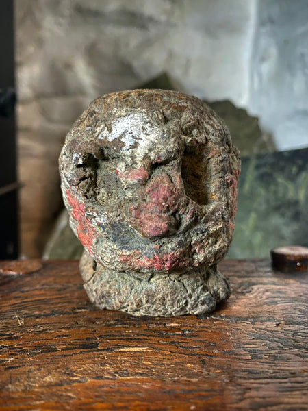 Disturbing Rare Antique 18th Century Early Composition Folk Art Witches Doll Head On Later Made Stand