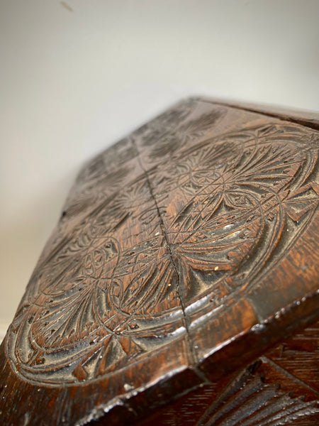 Antique 17th Century Oak Bible Box Dated 1654, Initialled, Heavily Carved, Cryptic Text & Symbols, Faint Protection Mark To One Side