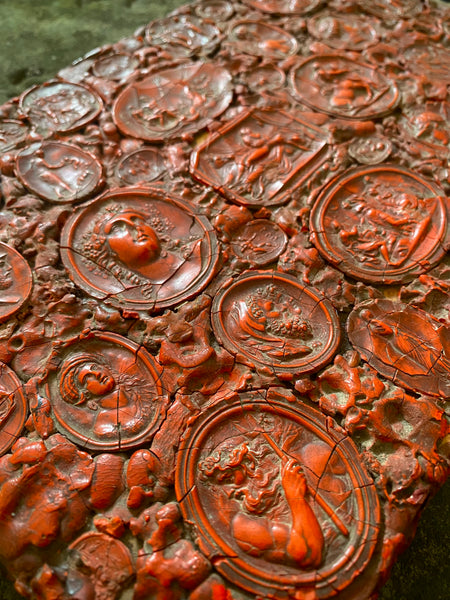 Rare Antique Early 19th Century Gem Collector’s Box Lid, Covered With Red Wax Impressions Depicting Classical Figures & Scenes