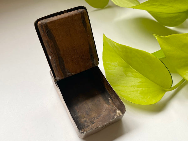 Antique WW1 Make Do Silver Vesta Case With Modified Wood Debris Fragment Inserted By A Soldier As A Memento Of A Bombing They Survived - Source Vintage