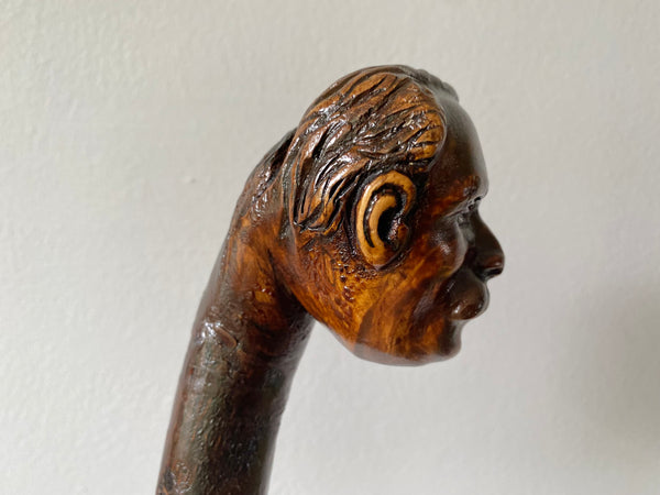 Rare Antique Early 20th Century Folk Art Hand Carved Figural Walking Stick In The Form Of Lloyd George