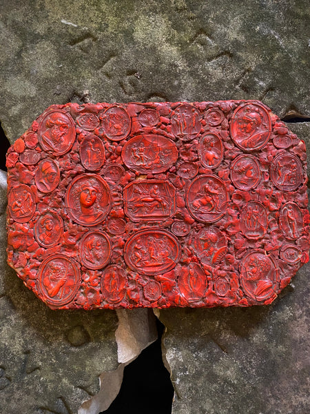 Rare Antique Early 19th Century Gem Collector’s Box Lid, Covered With Red Wax Impressions Depicting Classical Figures & Scenes