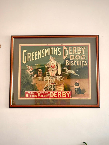 Framed Antique Victorian Greensmith’s Derby Dog Biscuits Advertising Card